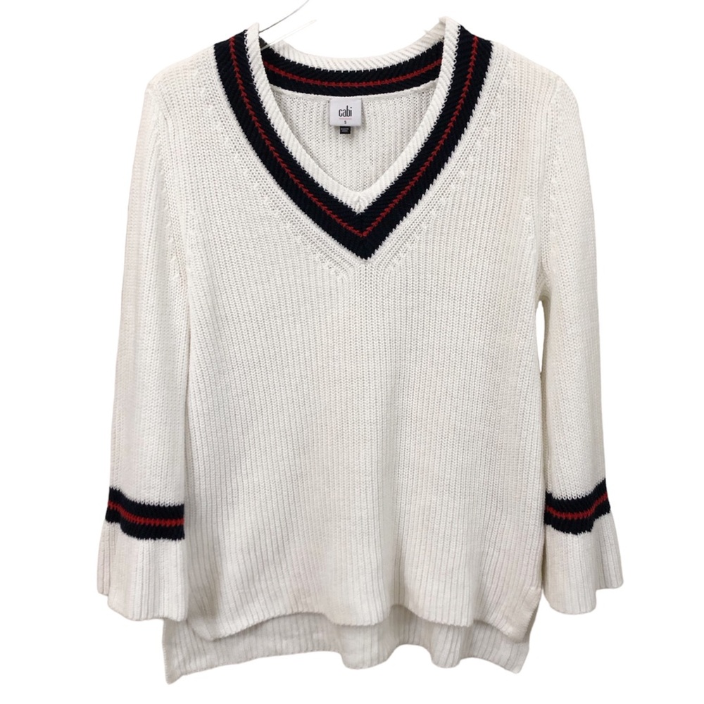 CAbi | Ribbed White V-Neck Sweater Small Varsity Tennis Prep